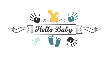 Fototapeta premium Baby shower design featuring colorful handprints and footprints around a hello baby banner is shown with a mother and child silhouette.