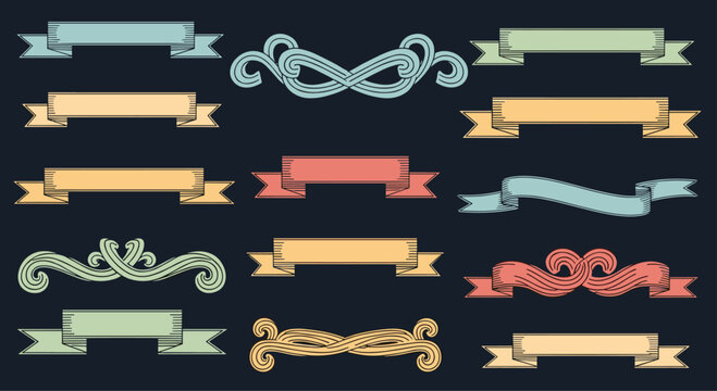 Set of vintage ribbon banners and decorative scrolls in muted colors is provided for retro branding, certificates, and graphic design work.