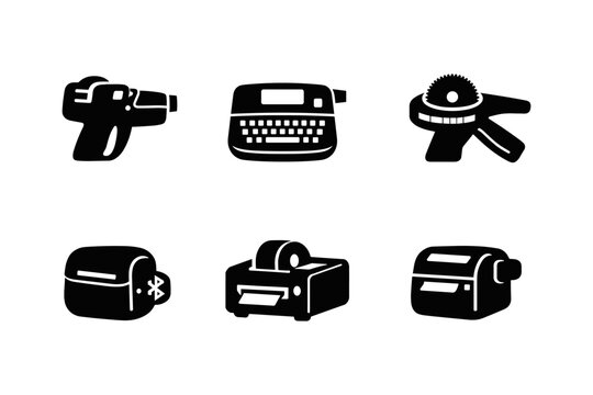 Collection of six black icons representing different types of label makers and printers