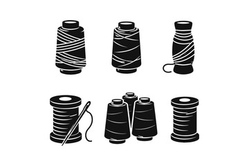 Collection of black and white icons representing spools of thread and a needle