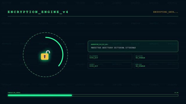 Encryption Engine with 256-Bit Key Generation and RSA AES Security &ndash; Cybersecurity Data Protection Visualization.
