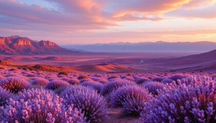 Obraz premium Lavender Field at Sunset with Mountain Backdrop