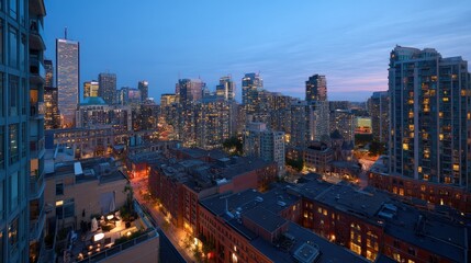 Fototapeta premium Evening city skyline with illuminated high-rise buildings and streets viewed from a balcony at blue hour.