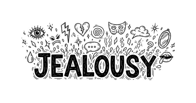 Black and white doodle art expressing the emotion of jealousy with various symbols