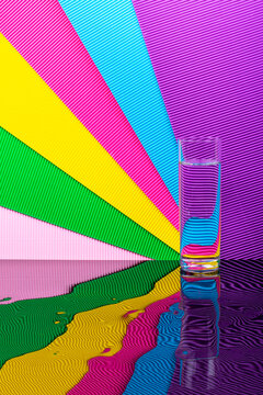 Abstract background with multicolored stripes and a glass of liquid