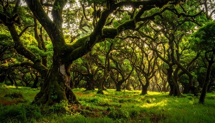 Fototapeta premium Dense forest scene bathed in golden light. Sunlight streams through the arched canopy of old, moss-covered trees, illuminating the lush, green undergrowth