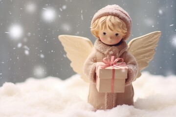 Naklejka premium Sweet angel figurine standing in snow, offering a delicate gift box