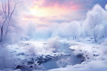 Naklejka premium Frozen river winding through a snow covered forest with frost laden trees under a pastel sunset sky