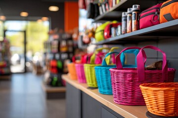 Colorful Storage Baskets and Supplies Displayed in a Bright Store Interior