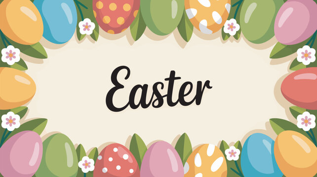 A colorful Easter graphic with decorated eggs and flowers on a beige background