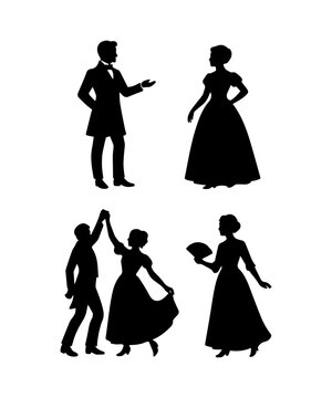 Victorian era silhouetted couples dancing at a formal ball