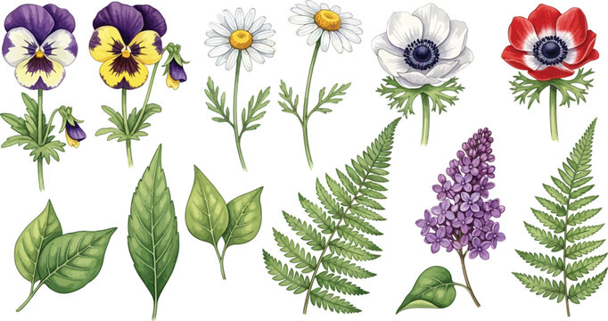 Detailed botanical set of pansy, daisy, anemone, lilac, and fern flowers and leaves in watercolor style vector illustration