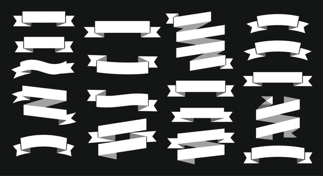 Large collection of white ribbon banners and scrolls in various shapes and styles displayed on a solid black background.