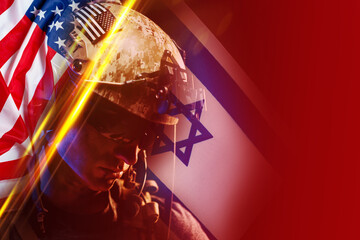 Fototapeta premium Conflict between Iran and USA shown with soldier and flags in strong colors and symbols