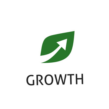 Minimalist green leaf logo featuring a white upward arrow symbolizing sustainable growth, financial progress, and eco-friendly business development. Isolated on white background