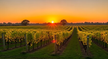 Naklejka premium A breathtaking sunset glows over symmetrical rows of golden vineyard vines in a peaceful, rolling rural autumn landscape.