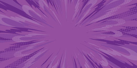 Purple comic book background. Anime design with purple radial halftone explosion. Dynamic pop art superhero action backdrop © DesignToonsy