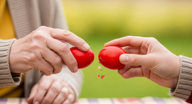 A woman and a man cracking red painted Easter eggs. Traditional egg tapping game celebrating spring and renewal. Religious holiday concept.