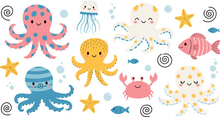 Cute octopus and sea animals cartoon vector illustration set with jellyfish crab starfish fish and underwater elements © MstNazma