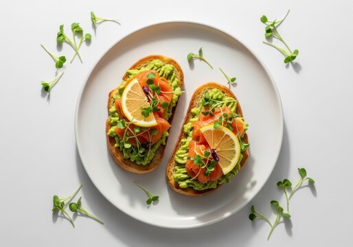Delicious avocado toast with smoked salmon and lemon slices on a plate with microgreens on a light gray background