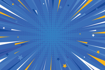 Pop art comic blue background. Comic book exlosion with speed lines and stars. Dynamic superhero sale banner. © DesignToonsy