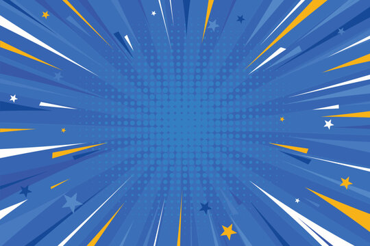 Pop art comic blue background. Comic book exlosion with speed lines and stars. Dynamic superhero sale banner.