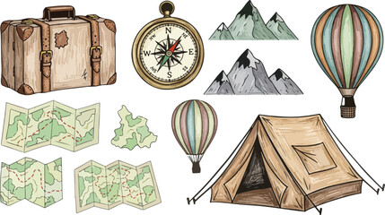 Travel and adventure theme with vintage suitcase compass maps hot air balloons tent and mountains © MDMUKTADIR