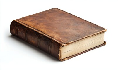 Vintage leather-bound book with rustic texture on white background