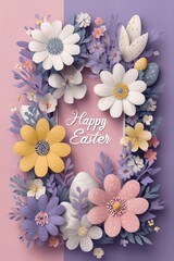 Colorful Paper Cut Floral Easter Wreath with Eggs and Happy Easter Greeting Card Illustration.