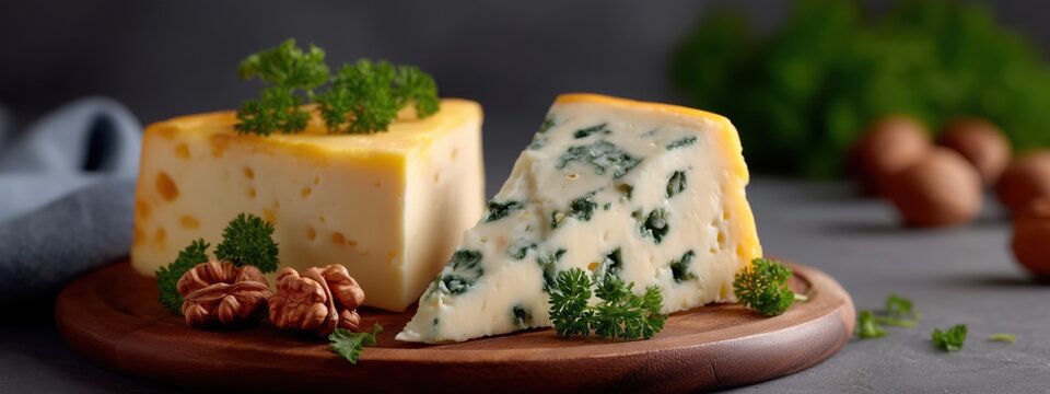 Cheese board displaying a delightful variety of blue cheese and a block of Swiss type cheese, beautifully arranged with crunchy walnuts and vibrant parsley, creating an inviting gourmet experience