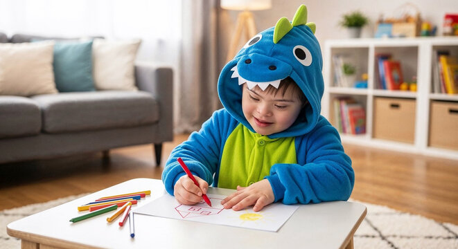 Happy Child with Down Syndrome Coloring at Home in Dinosaur outfit