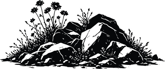 Naklejka premium Black and White Wildflower Rocks Illustration, Nature Stone Landscape Vector Silhouette.