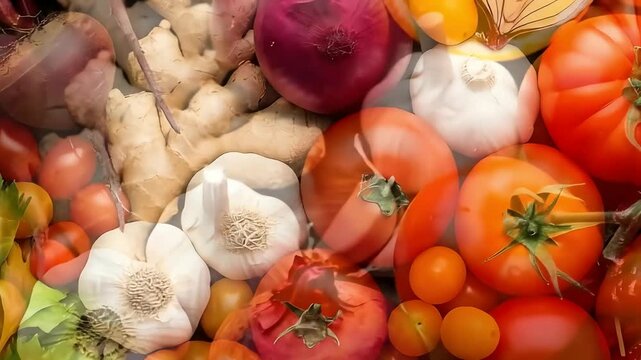 A vibrant top-down close-up of fresh organic tomatoes, garlic, and ginger, naturally arranged for a healthy culinary display.