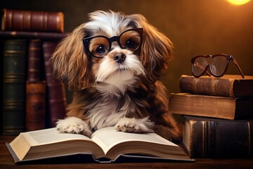 Puppy wearing eyeglasses sitting at a desk with an open book and stacking books