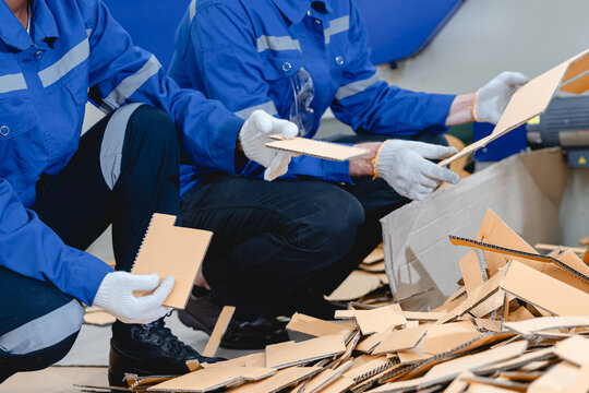 Caucasian male technician and Black female factory worker inspecting cardboard packaging scrap from production line, demonstrating industrial recycling process and environmental waste management.
