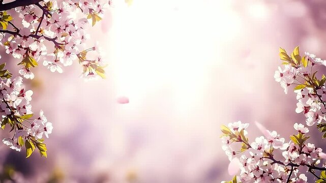 Dreamy cherry blossoms with soft pink petals gently falling, framing a bright, ethereal sunlight in a romantic spring garden.