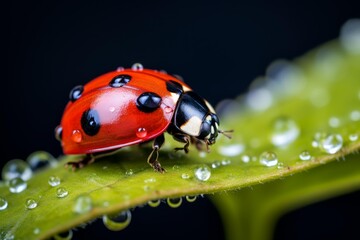 Obraz premium Ladybug covered in dew droplets walking on a vibrant green leaf