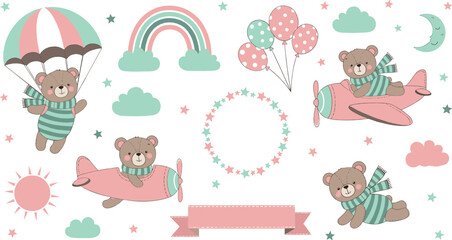 Cute teddy bear aviation seamless pattern flat vector illustration with airplane parachute balloons rainbow clouds and pastel nursery elements © Yevhenii creative