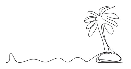 Minimalist continuous line drawing depicting a tropical palm tree rooted on a small island with a flowing wavy line representing the ocean, suitable for modern travel company marketing