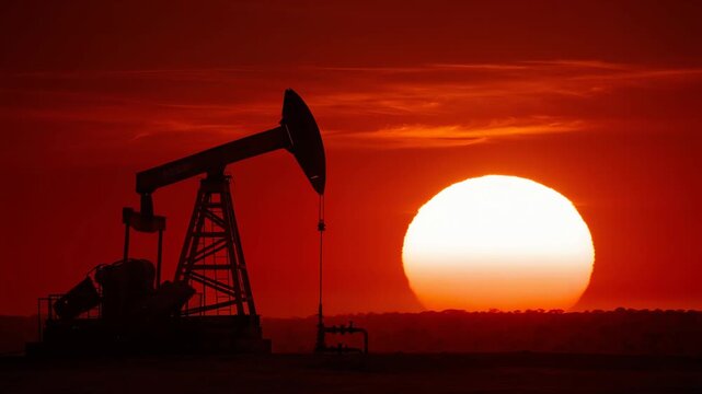 silhouette of oil pump jack working at sunset in the desert representing fossil fuel industry