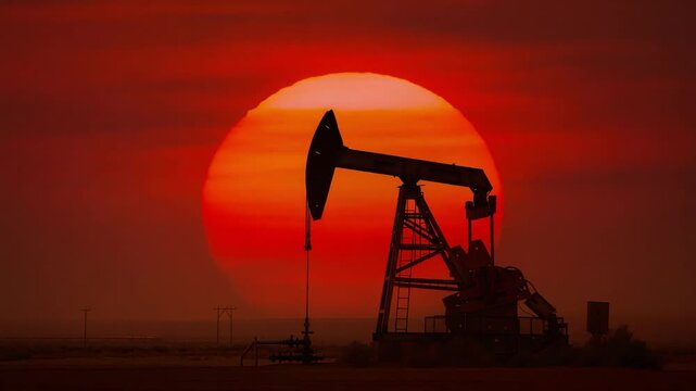 silhouette of oil pump jack working at sunset in the desert representing fossil fuel industry