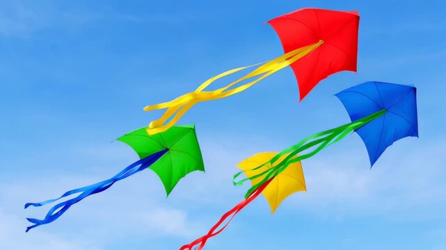 Colorful Kites Flying in Open Sky with Flowing Tails for International Kite Day Celebration and Festive Outdoor Event