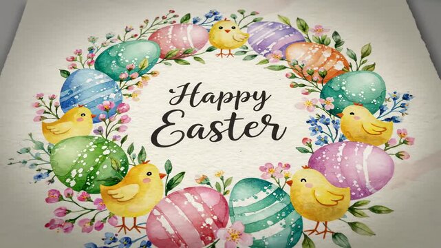 Spring holiday watercolor wreath inspired by Easter celebration, circular composition of whimsical Easter eggs, tiny blossoms, and minimal stylized chicks arranged in a loose artistic ring,