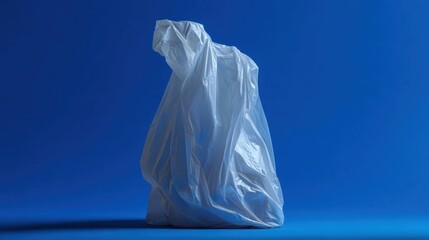 Single white plastic bag on a blue background. the bag appears to be made of a crumpled and wrinkled material, with the top half of the bag slightly tilted to the side.