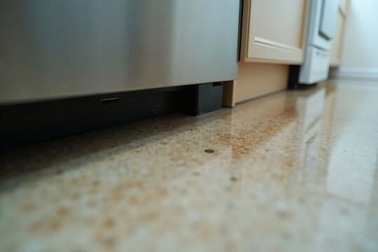 Close-up Image of Kitchen Floor Flooded by Water Leak from Broken Dishwasher