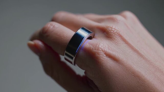 Smart Ring Display. Glowing Metallic Band On Finger. Wearable Technology With LED And Gesture Features. Modern Smart Ring Combining Style With Biometric And Control Functions