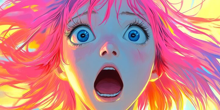 high-energy digital illustration of a girl with vibrant pink windswept hair and wide, bright blue eyes. Her expression is one of extreme shock, surprise, or awe, with her mouth agape. 