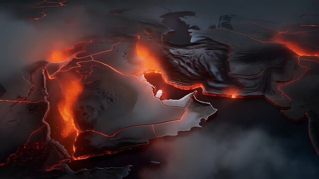 Conceptual 3D render of the Middle East map with fiery glowing fissures between borders symbolizing regional tension and political instability