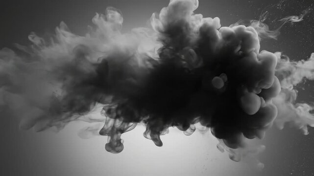 Moody monochrome environment with thick charcoal vapor splashing laterally across a pale gray gradient background, swirling eddies and fragmented tendrils breaking away from the main mass, subtle