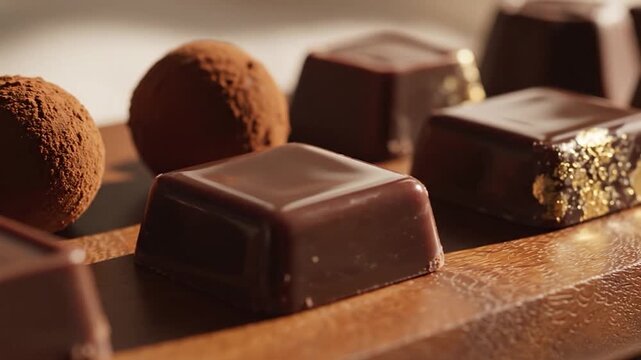 Delicious gourmet chocolate truffles and bonbons arranged on a wooden tray
